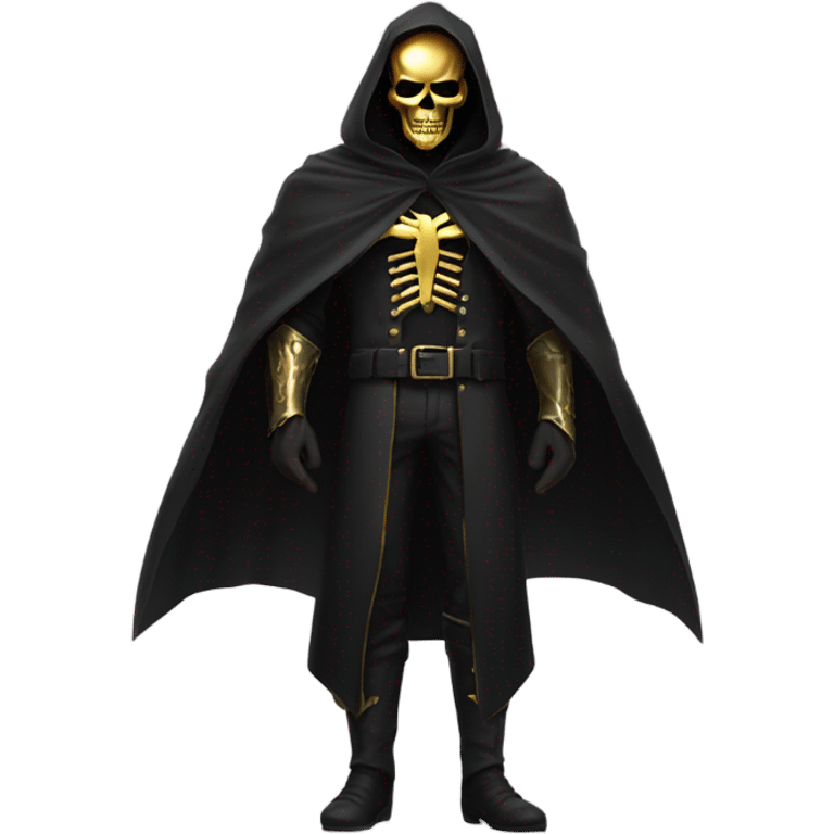 Bounty Hunter Boss with black cape and a gold skull mask from death Stranding, full body view emoji