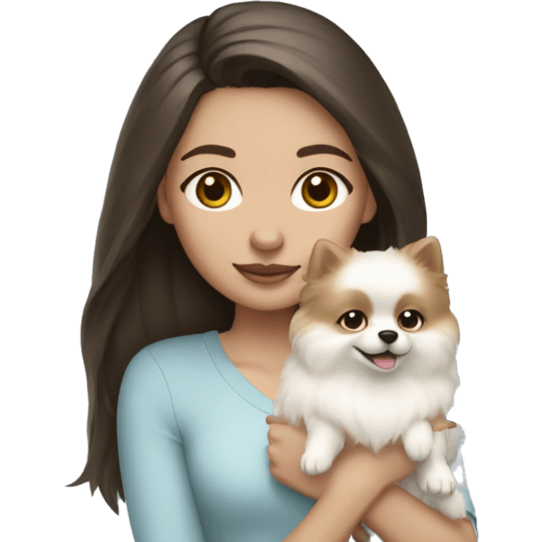 Brunette girl with light skin and blue eyes holding a white pomeranian  emoji