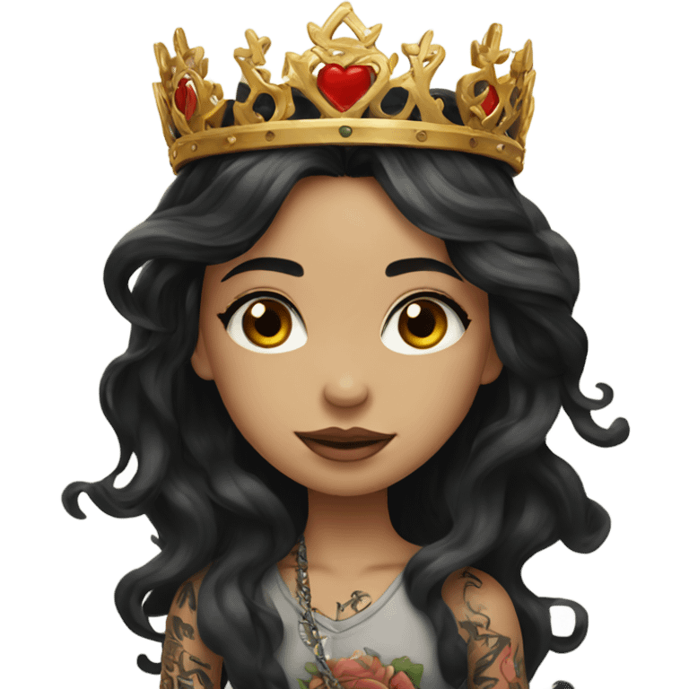 beautiful girl, with tattoos, wears a crown with long black hair, wavy hair, chinese emoji