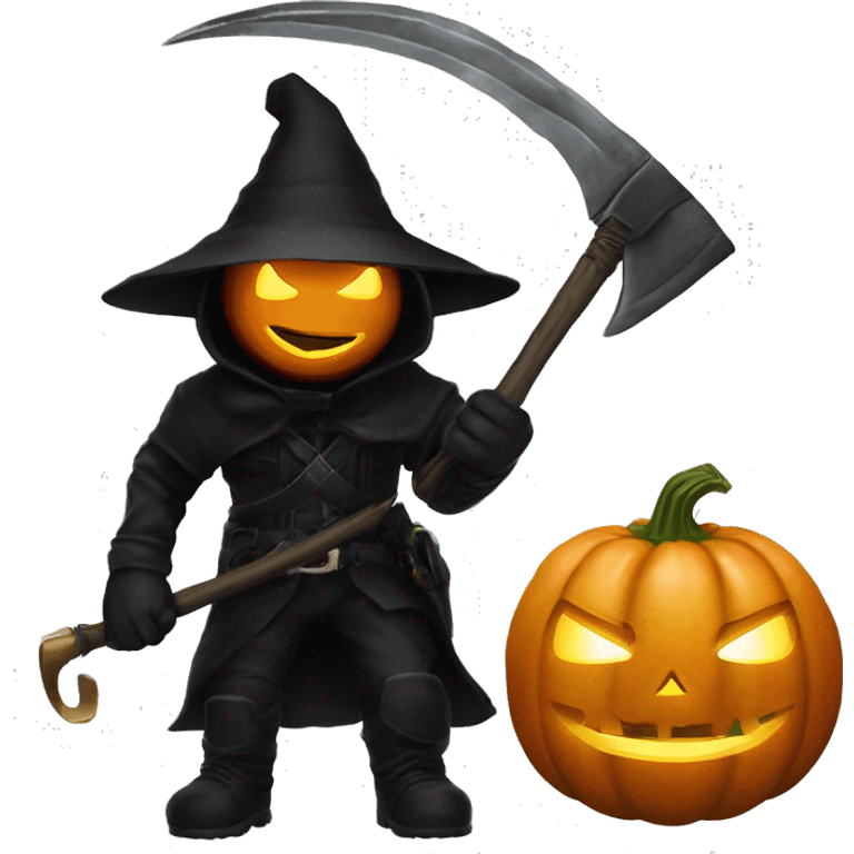 Human pumpkin hunter with a scythe, glowing pumpkin eyes inside a black helmet, Halloween theme, emoji" emoji