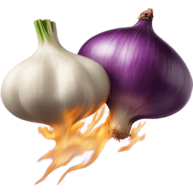 A clove of garlic and an onion kissing with an explosion of smell emoji