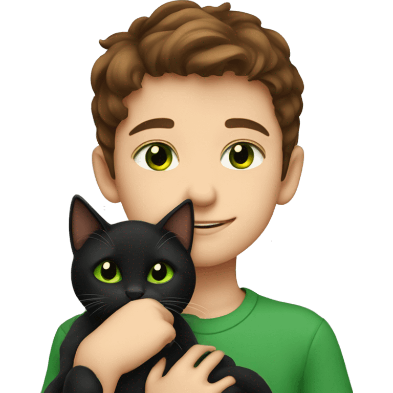 little boy with brown hair and brown green eyes cuddling a black cat with green eyes emoji