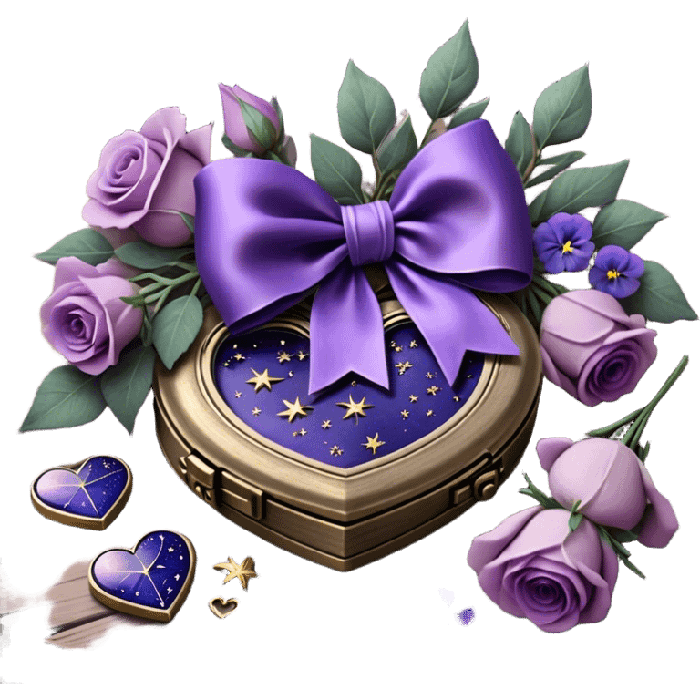 A midnight purple silk bow wraps around a bundle of wilted lavender sprigs, velvety pansies, and blush-violet roses, resting on an aged wooden table. Nearby, an antique silver locket shaped like a heart, engraved with tiny celestial stars, glistens faintly under the dim candlelight. emoji