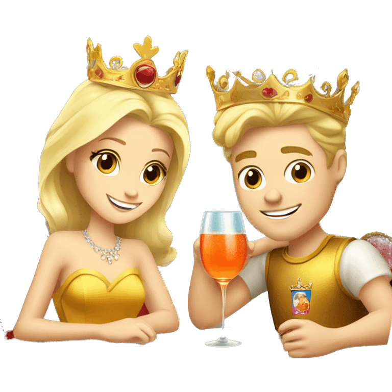 beautiful blond princess with crown in a golden dress and a beautiful blond prince drinking aperol emoji