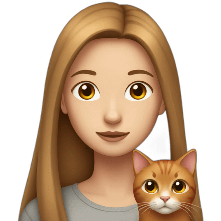 a girl with long, straight light brown hair, gray eyes and red cat emoji