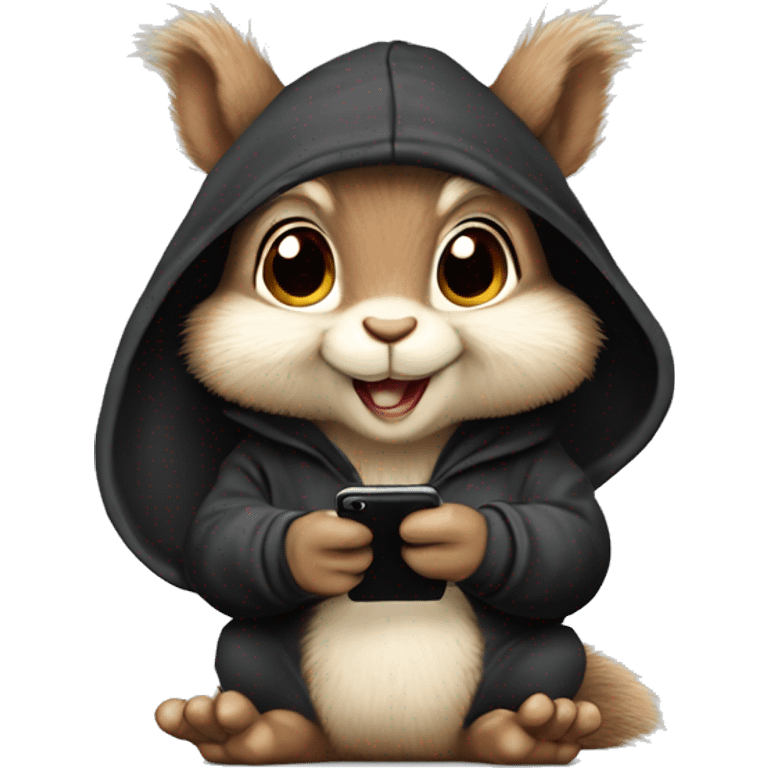 Cute realistic fluffy Squirrel with fluffy ears in black hoodie holding an iPhone  emoji