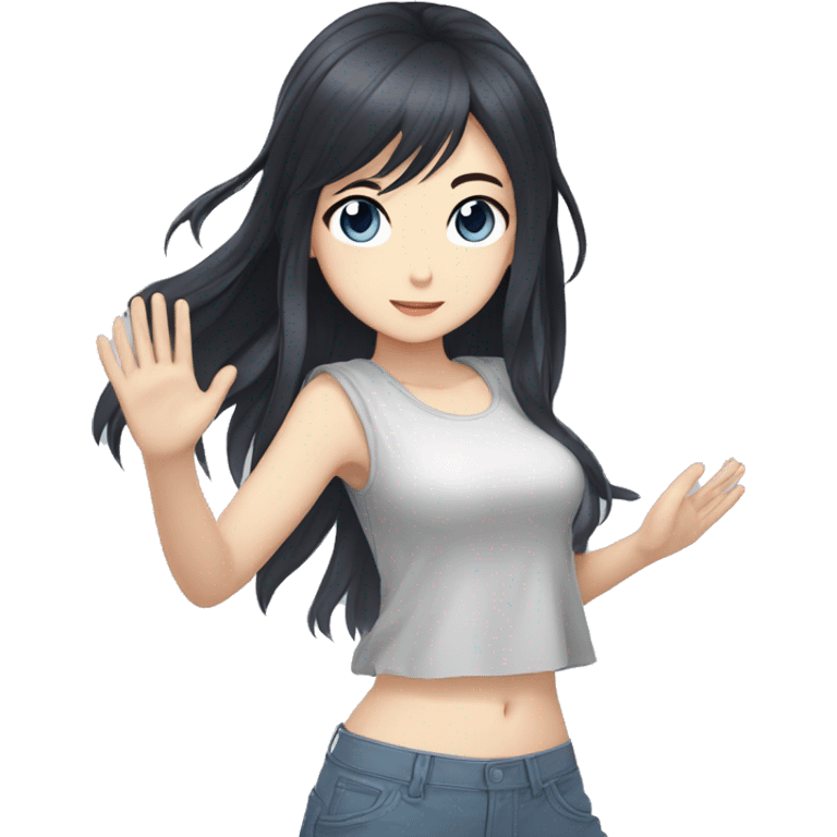 Anime-style girl with black hair down to her belly , gray-blue eyes , waving her hand emoji