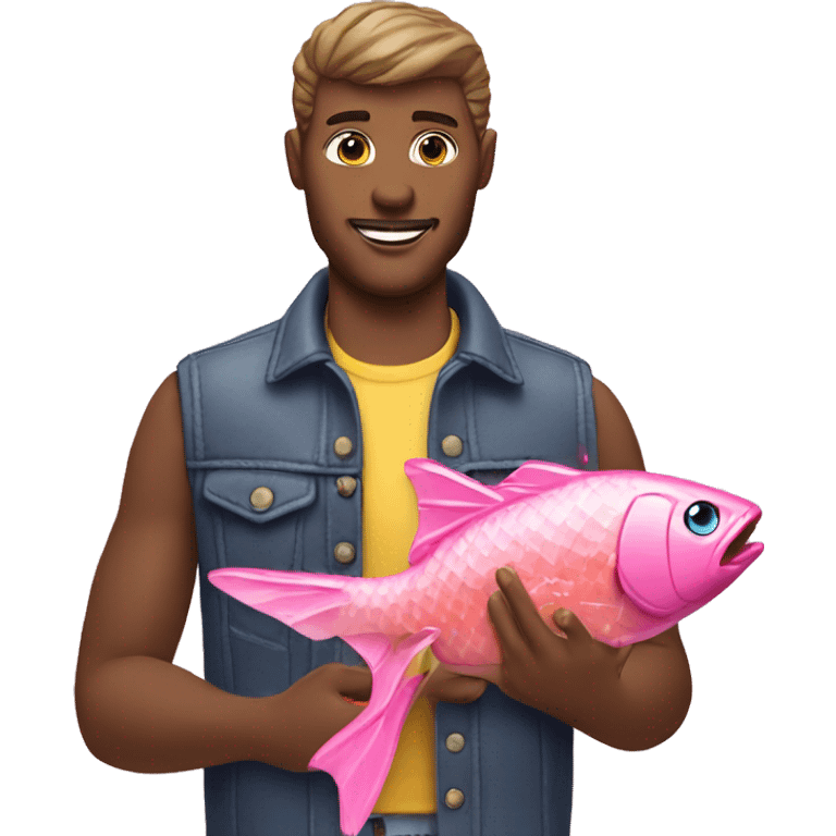 man holding a barbie and the barbieholding a fish emoji