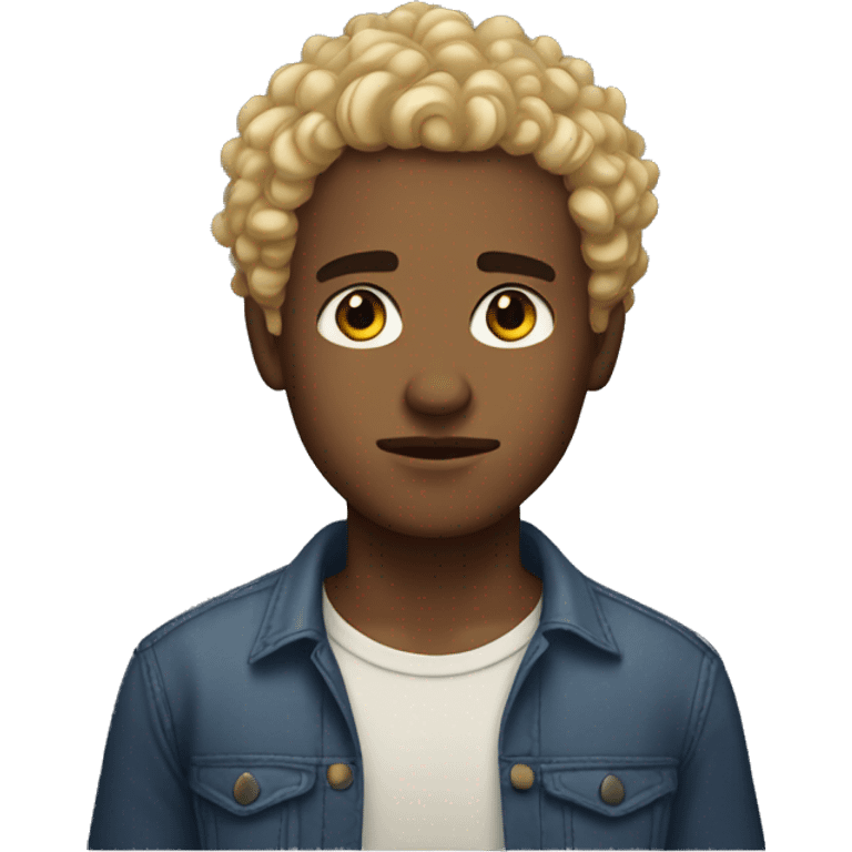 dark brown eyes, very very curly blonde short hair guy, serious face emoji