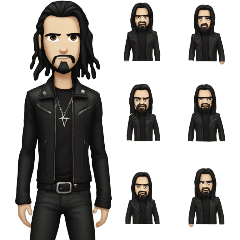 Pale Man with very long black hair, black goatee, square jawline, black eyeliner, black leather jacket, black pants, black shirt and pentacle necklace emoji