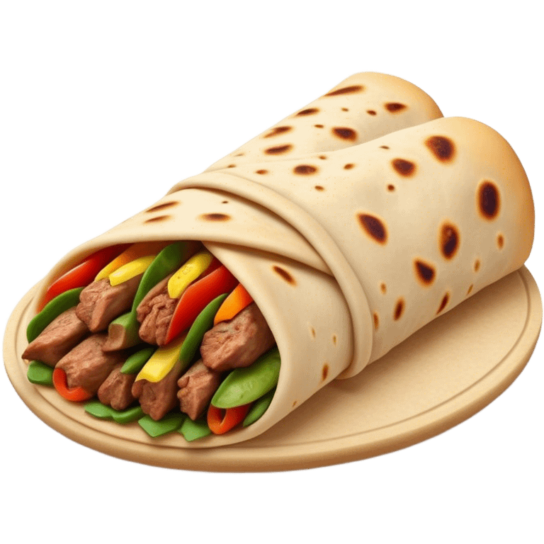 Cinematic Realistic Shawarma Dish Emoji, showcasing spiced, succulent meat wrapped in flatbread with fresh vegetables rendered with lifelike detail and dynamic, appetizing lighting. emoji