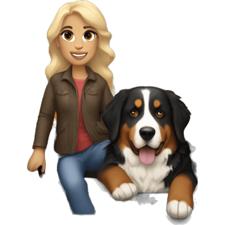 Light-haired, brown-eyed woman with Bernese Mountain Dog in a pickup truck emoji