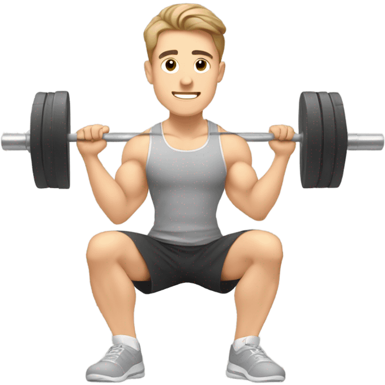 Kawaii White man with light brown hair at gym squatting with barbell from side view emoji