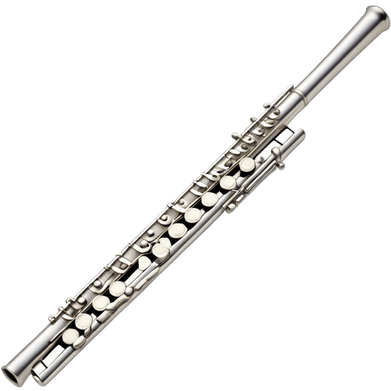 Cinematic Realistic Flute, polished silver metal with precise keywork, soft reflections of warm light dancing along its length, a musician’s delicate fingers pressing the keys, glowing with a sleek and elegant charm. emoji