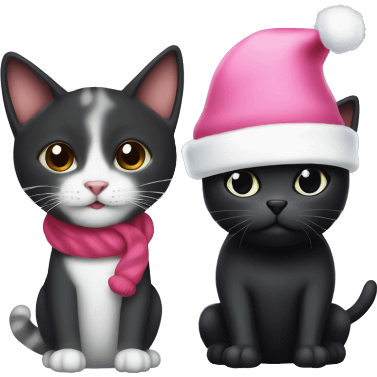 A twired baby cat with a pink Christmas hat and as a friend he has a black dog with a white belly and black snot ears and she has a red Christmas hat on emoji