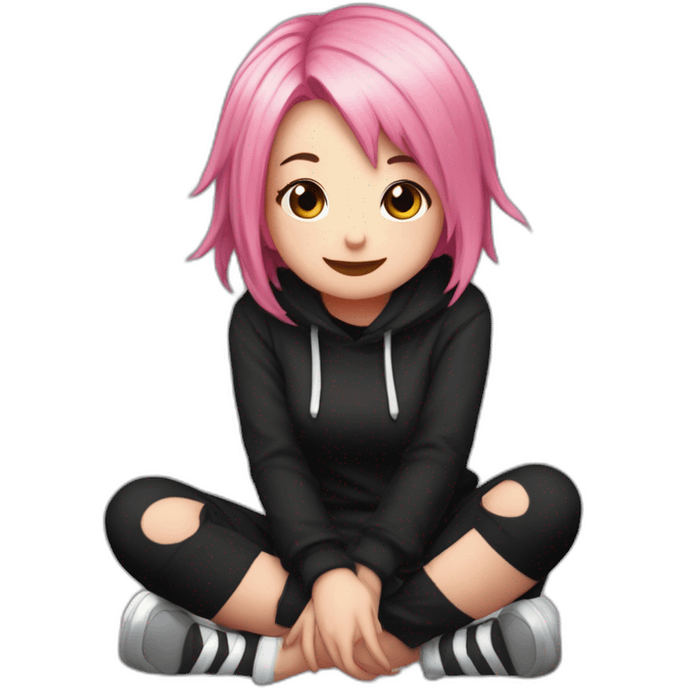 Full body Front view curvy emo girl pink hair sits on the floor straight view hands up black skirt белые трусики полосатые рваные чулки emoji