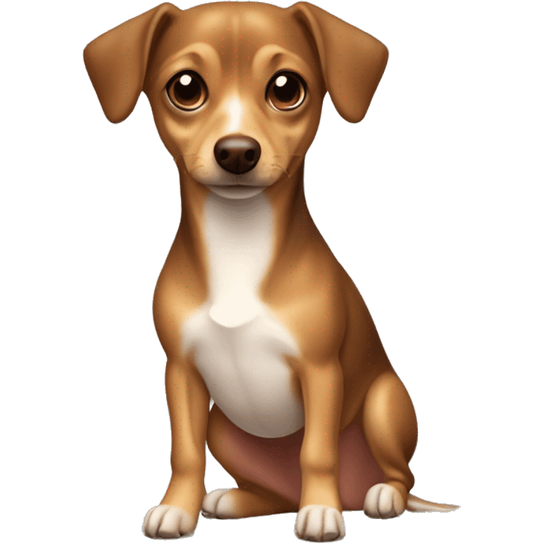 Chiweenie mixed dog with brown head, tiny little triangle, white spot on head, white body with brown patches emoji