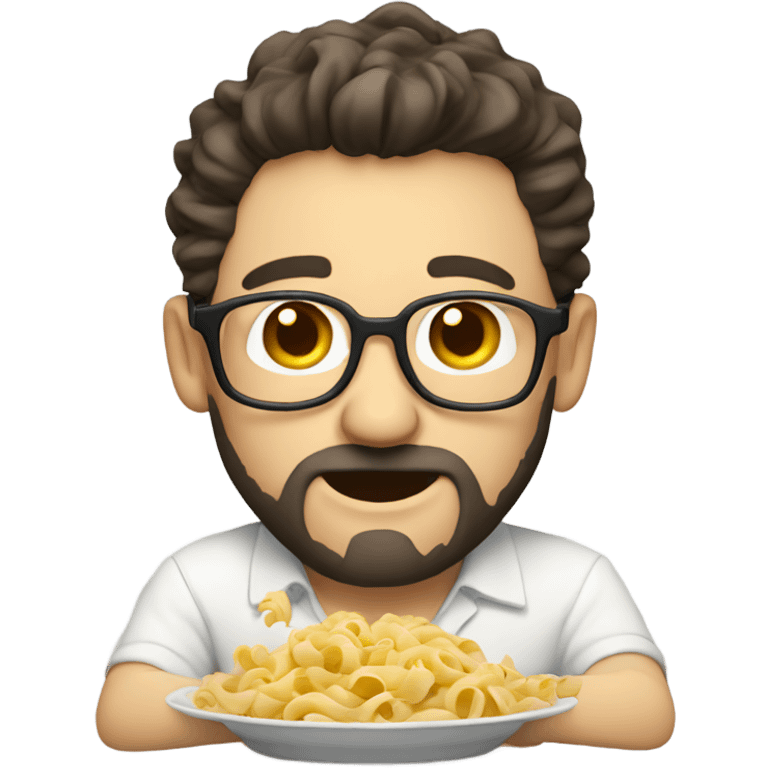 A light-skinned, nerdy man with dark hair and a beard eating pasta With a white shirt emoji