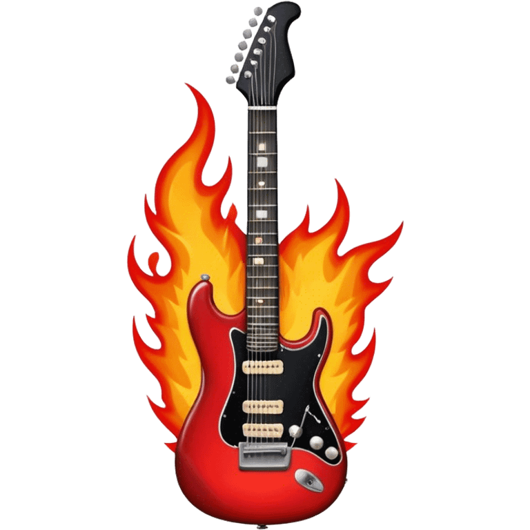 Create a bold and powerful emoji representing rock vocal performance in a humanless collage. The design should feature a vintage microphone at the center, surrounded by a heavy, aggressive hardcore electric guitar with sharp, jagged edges. Include crossed drumsticks behind the guitar, symbolizing the intense rhythm of rock music. Add fiery elements like flames or lightning bolts to enhance the raw energy of the design. Use dark, bold colors like black, red, and silver, with metallic or chrome accents to reflect the rebellious, hard-hitting nature of rock. The background should be transparent. emoji