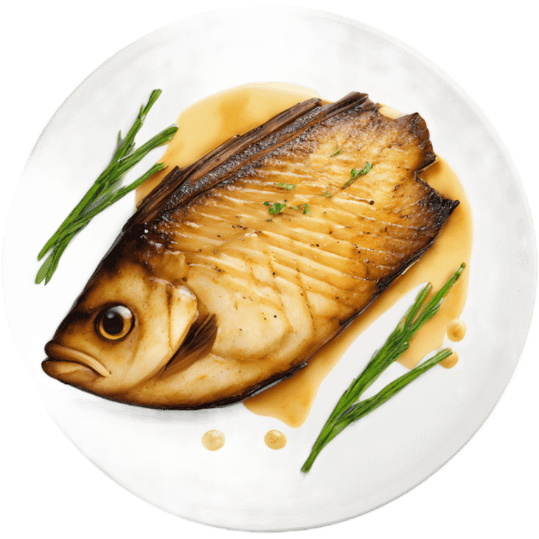 grilled fish fillet with brown butter sauce on white plate emoji