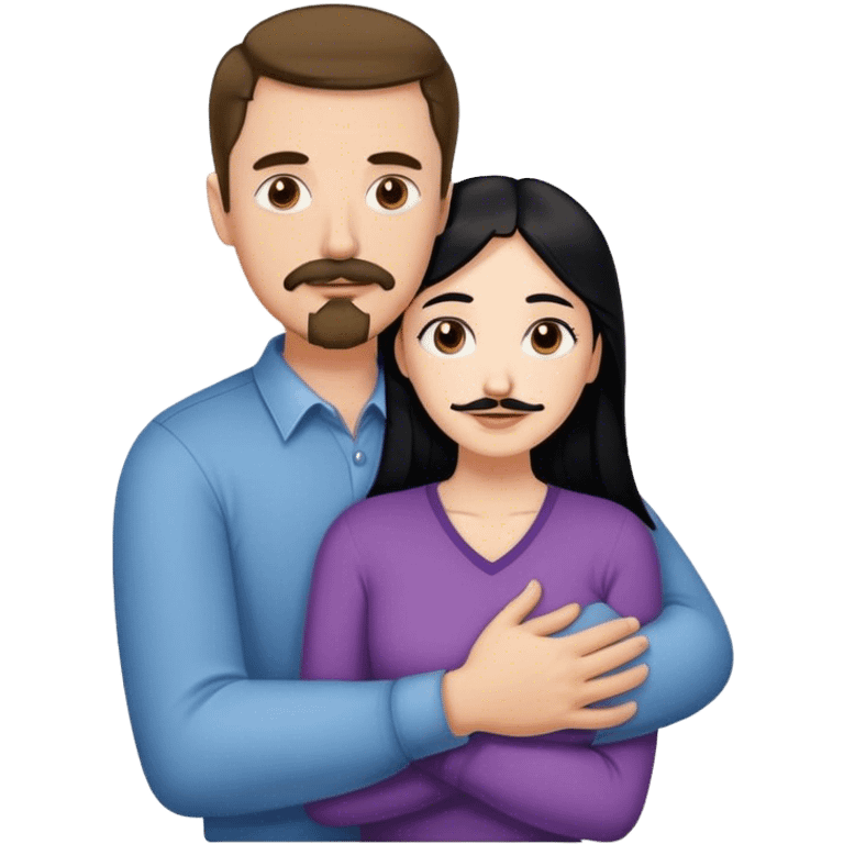 Tall white man with brown mustache and goatee hugging a short pale woman with long black hair emoji