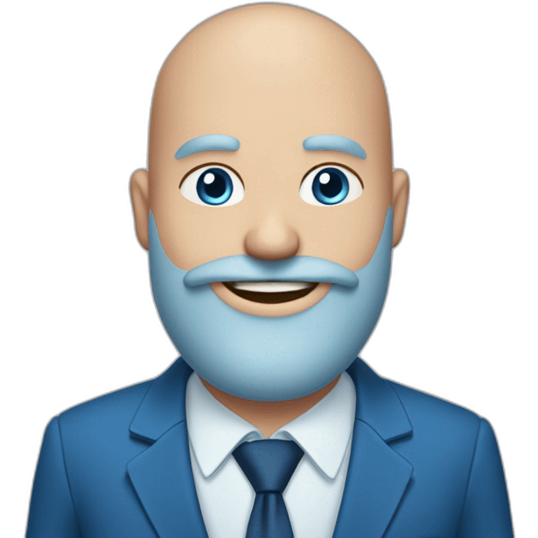 blue-eyed, plump, smiling bald man with a long beard in a blue suit emoji