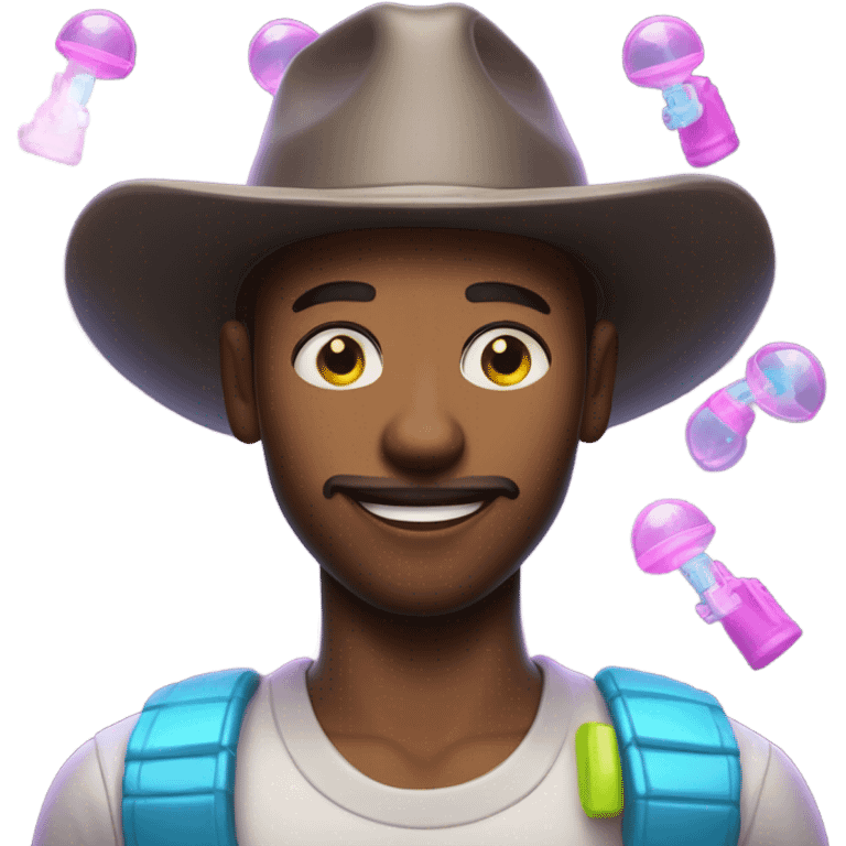 Fair skin Guy in glowing outfit and hat with bubble guns in each hand emoji