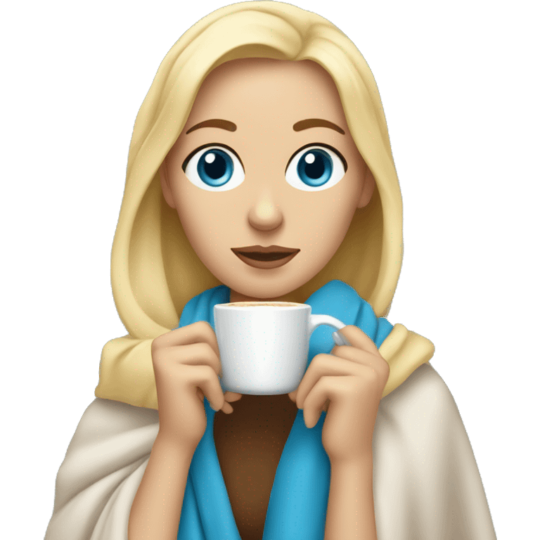 Blonde woman with blue eyes wrapped in blanket drinking coffee emoji