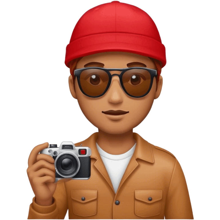 Hombre de color caramelo con gorra roja, gafas y una camara emoji