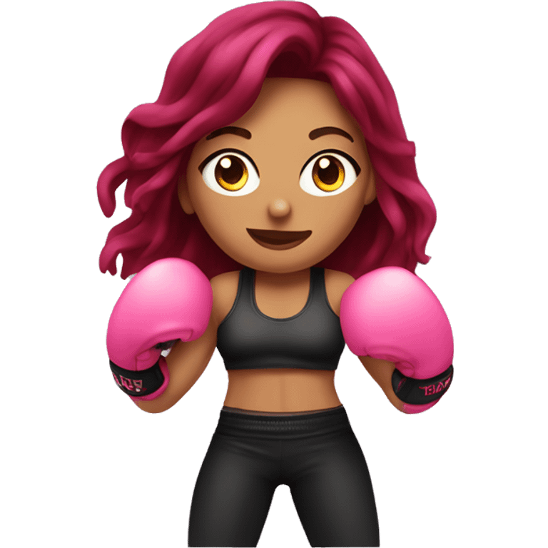 Beautiful tattooed  burgundy long haired woman boxing with pink gloves emoji