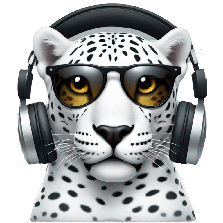 white jaguar dj, emoji head, looking forward, wearing cool sunglasses, wearing over-ear headphones on top of head emoji