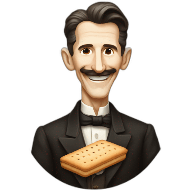 elongated illustration of nikola tesla, portrait, smiling, pixar style, holding a biscuit emoji