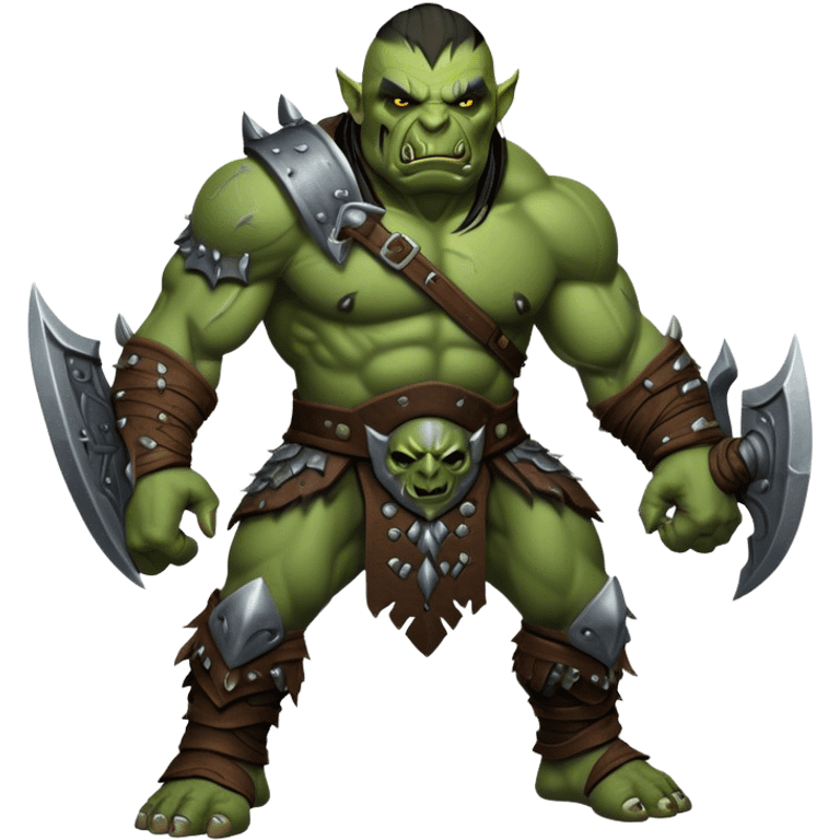 Cinematic Realistic WoW Orc Warrior Portrait, captured in a dynamic, battle-ready stance, muscles bulging beneath intricately detailed tribal armor accented with dark leather and iron. His fierce, determined eyes and battle-scarred green skin are rendered with dramatic natural lighting and high shine, exuding raw, relentless fury in a fierce combat pose. emoji