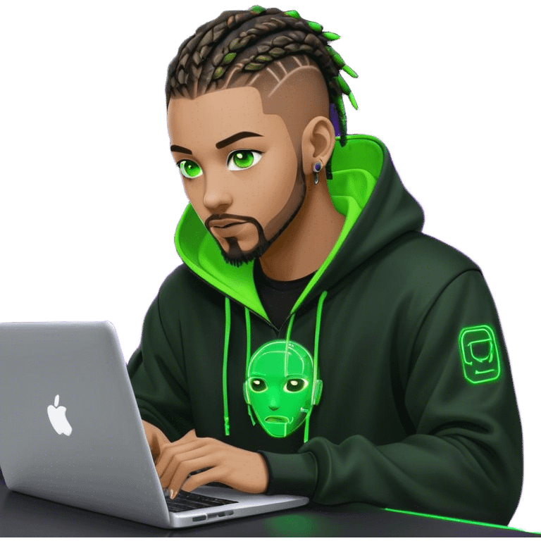 Light skinned African American male with green eyes as a cyberpunk hacker with cornrows hairstyle but short cornrows  with goatee facial hair  coding on laptop  emoji