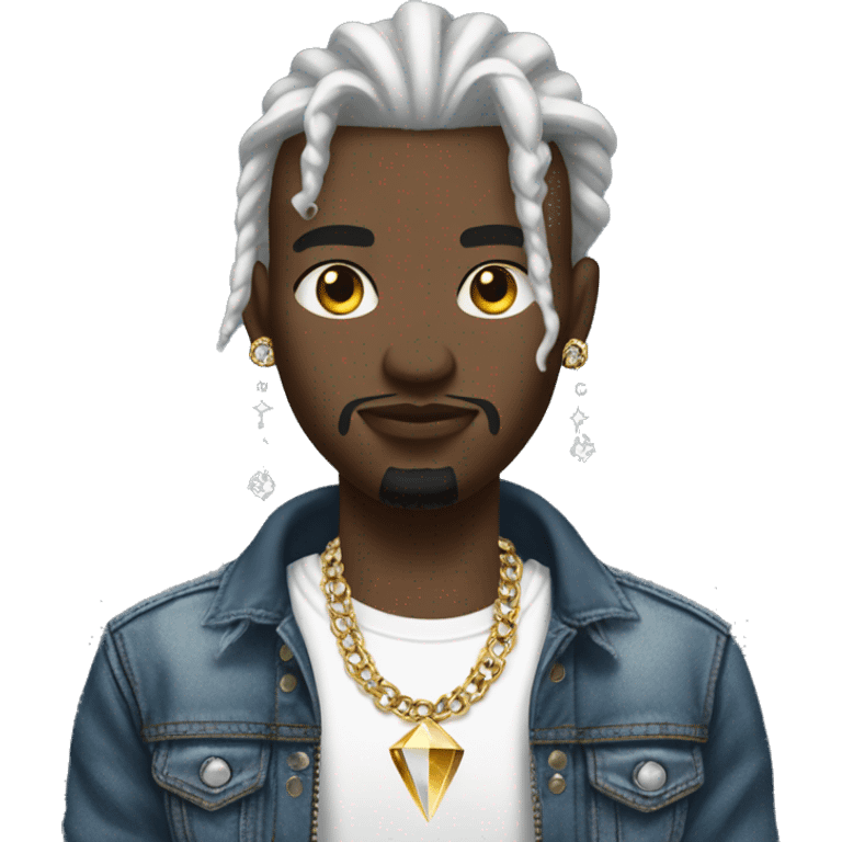 Black Dread head wearing a jean jacket with a white shirt with golden diamond grills and diamond earrings he looks like a rapper emoji