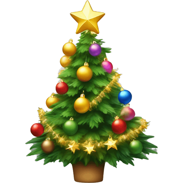 Christmas trees with bright decorations – colorful balls, a golden star on top and a garland emitting soft light. The Christmas tree should be lush and green, convey comfort and festive mood emoji