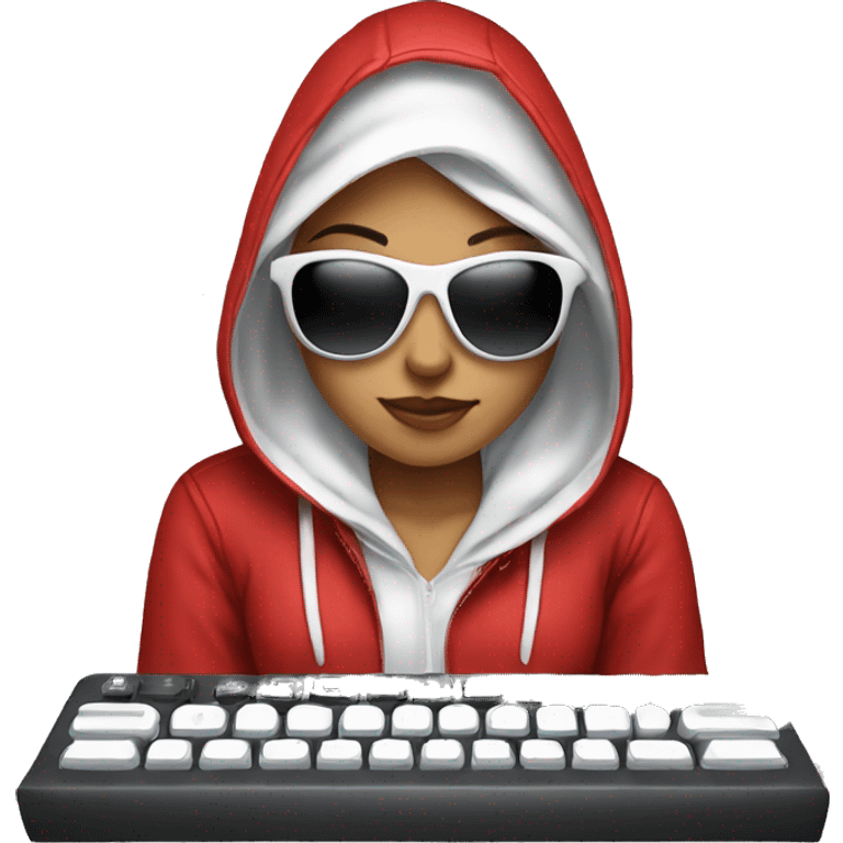 white hacker  girl with keyboard with sun glasses and hood emoji