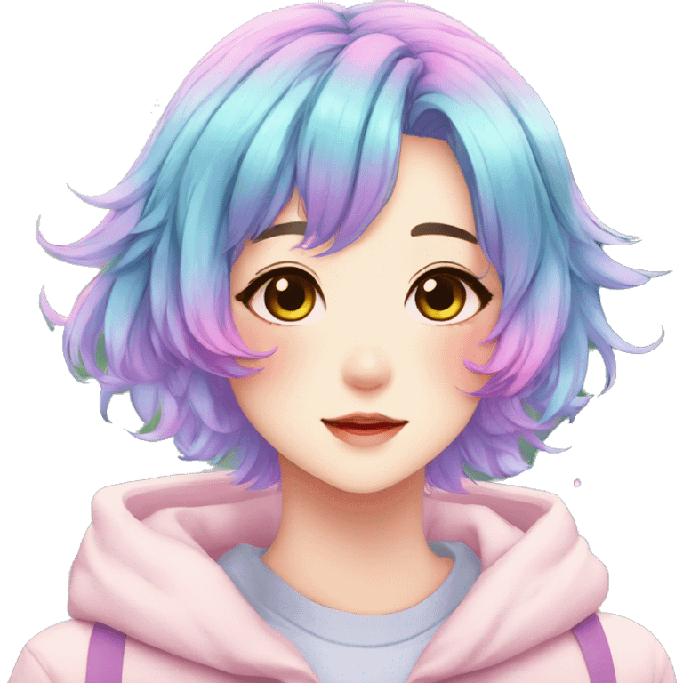 Gorgeous anime style shojo character with blushing face aesthetic and pretty colorful shiny gradient pastel hair with hair garment trending style emoji