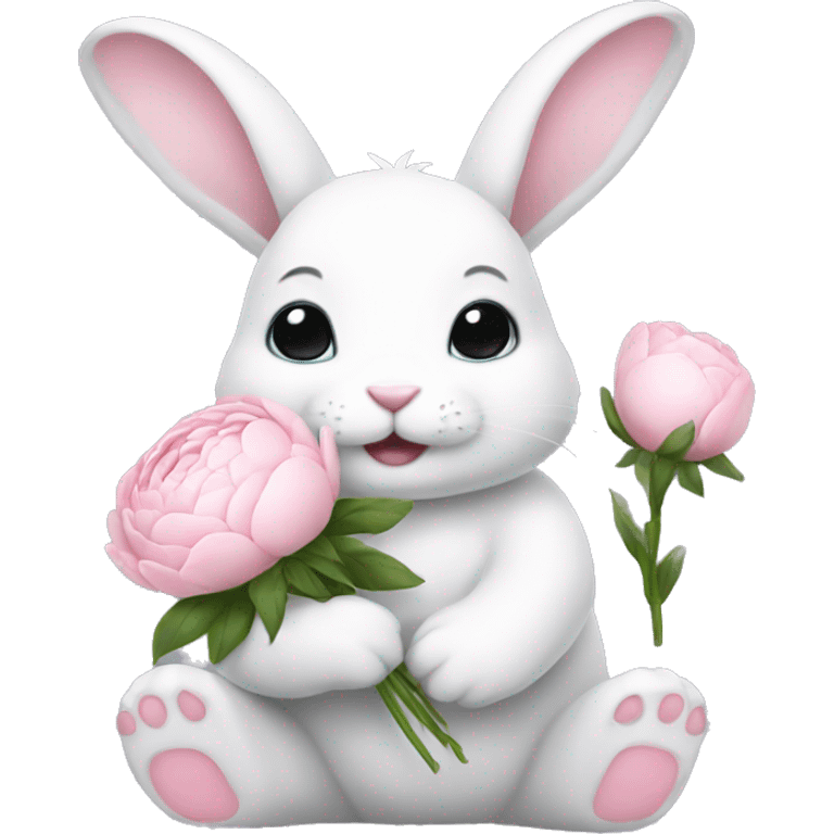 cute white bunny holding light pink peonies emoji