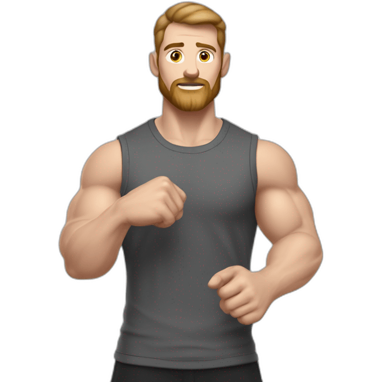 Close up Actively gesturing  with hands Pale skinned Fit Man With the biceps and brown hair in dark gray Sleeveless Mike, black oversize sports shorts, watch and white Sneakers emoji