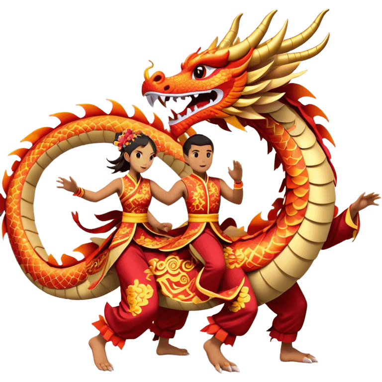 Cinematic Realistic scene of two performers guiding an elaborately designed dragon costume during a Dragon Dance, with vivid traditional patterns and dynamic motion, set under festive, red-tinged lighting emoji