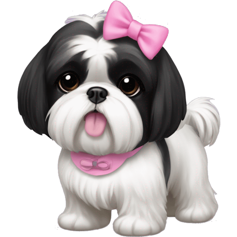 Black and white shih tzu with pink bow and collar that says Zoe emoji