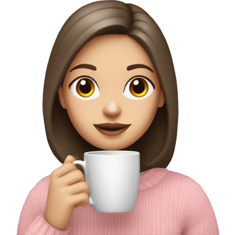 a white brunette girl drinking coffee wearing baby pink sweater  emoji