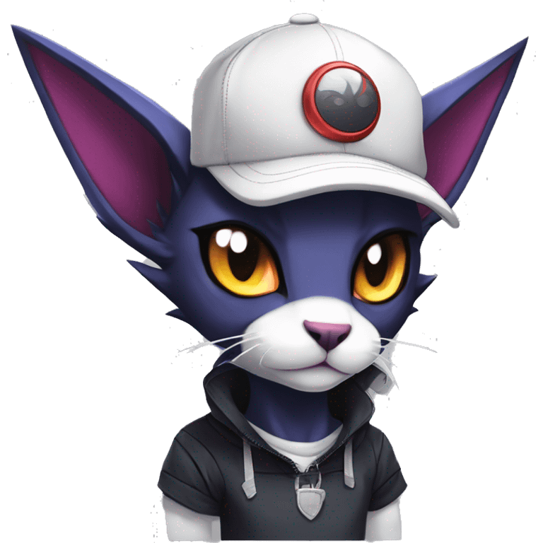 Cool Anthro Absol-Noibat-Litten-Sphynx-Pokémon with edgy stripes collar punk techwear cool fiddler-hat Full Body emoji