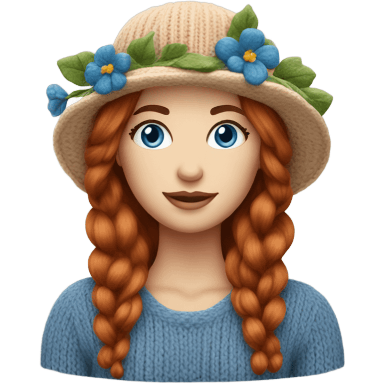 beautiful finnish auburn hair woman with blue eyes knitting floral hat emoji