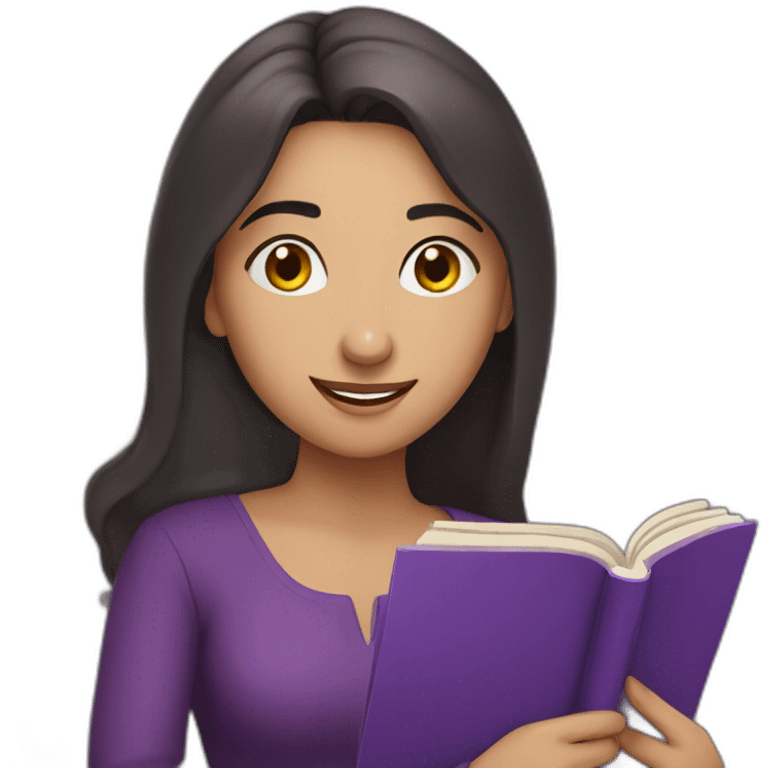 Armenian women with the purple clothes reading book and looking at camera and smiling  emoji