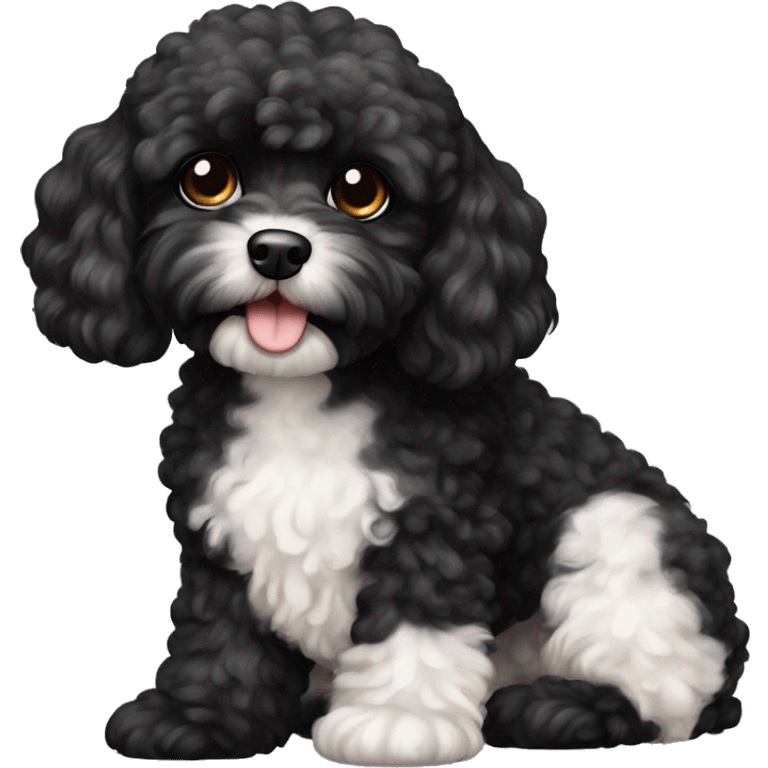 Black cavapoo that is mostly poodle with cream markings,  emoji