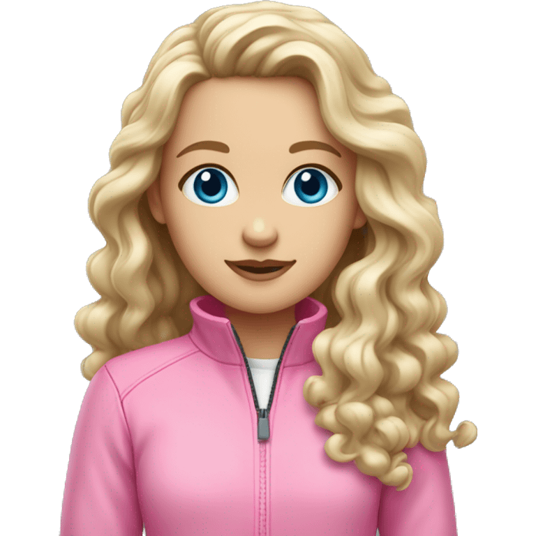 white girl with blue eyes and long curly hair with pink Quarter zip up jacket emoji