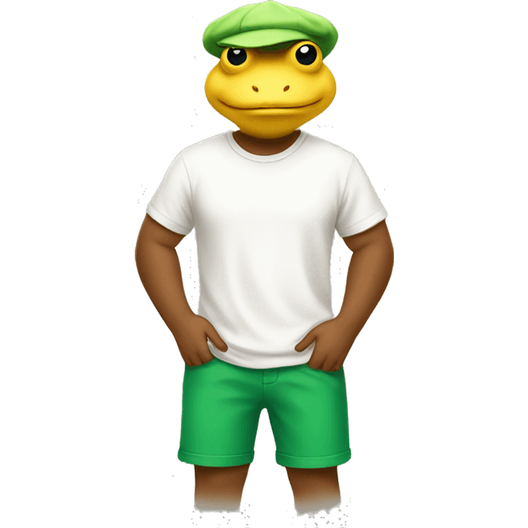 a yellow toad is wearing a white t-shirt and green shorts emoji