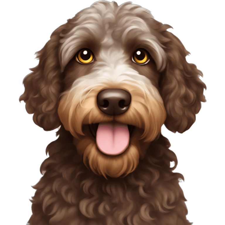 Chocolate and tan Aussiedoodle with yellow eyes and a bun on the top of head emoji